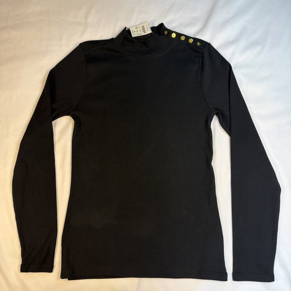 NWT! J.Crew 100% Cotton Black Mockneck Top W/Gold Buttons - Size M -Quiet Luxury